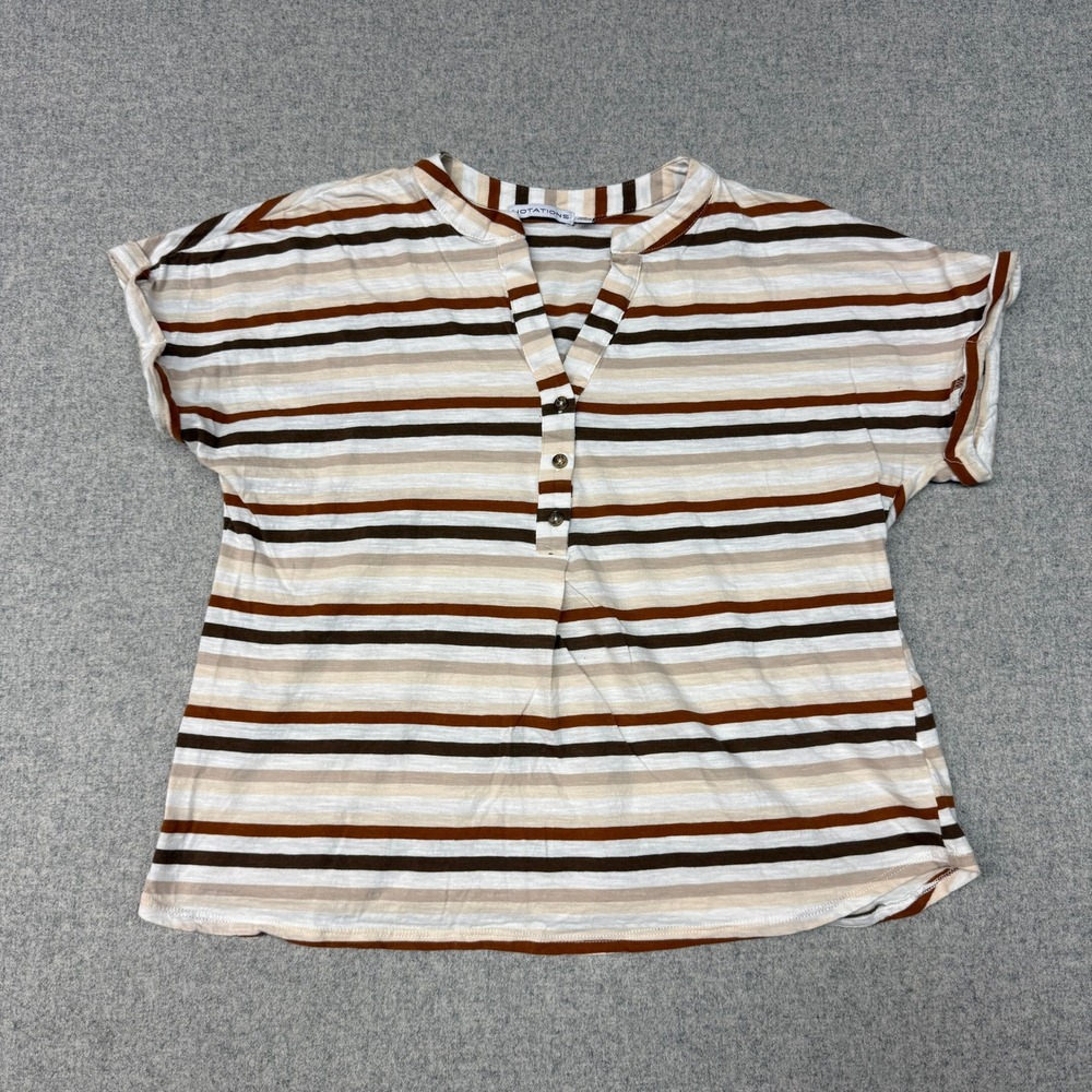 Notations Striped Short Sleeve V-Neck Top Large Brown Tan 100% Cotton CSU2699